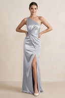 One - Shoulder Ruched Sheath Satin Bridesmaid Dress in Silver - SHE IS ME Bridesmaid Dresses
