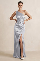 One - Shoulder Ruched Sheath Satin Bridesmaid Dress in Silver - KISS BRIDAL Bridesmaid Dresses