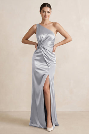 One - Shoulder Ruched Sheath Satin Bridesmaid Dress in Silver - SHE IS ME Bridesmaid Dresses
