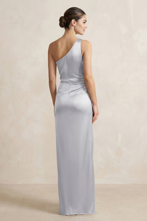 One - Shoulder Ruched Sheath Satin Bridesmaid Dress in Silver - SHE IS ME Bridesmaid Dresses