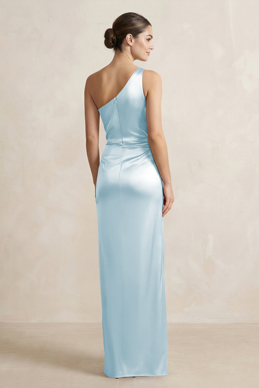 One - Shoulder Ruched Sheath Satin Bridesmaid Dress in Sky Blue - KISS BRIDAL Bridesmaid Dresses