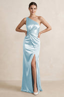 One - Shoulder Ruched Sheath Satin Bridesmaid Dress in Sky Blue - KISS BRIDAL Bridesmaid Dresses