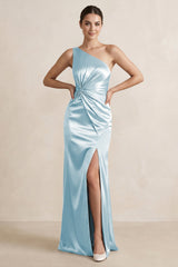 One - Shoulder Ruched Sheath Satin Bridesmaid Dress in Sky Blue - KISS BRIDAL Bridesmaid Dresses