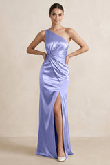 One - Shoulder Ruched Sheath Satin Bridesmaid Dress in Steel Blue - KISS BRIDAL Bridesmaid Dresses
