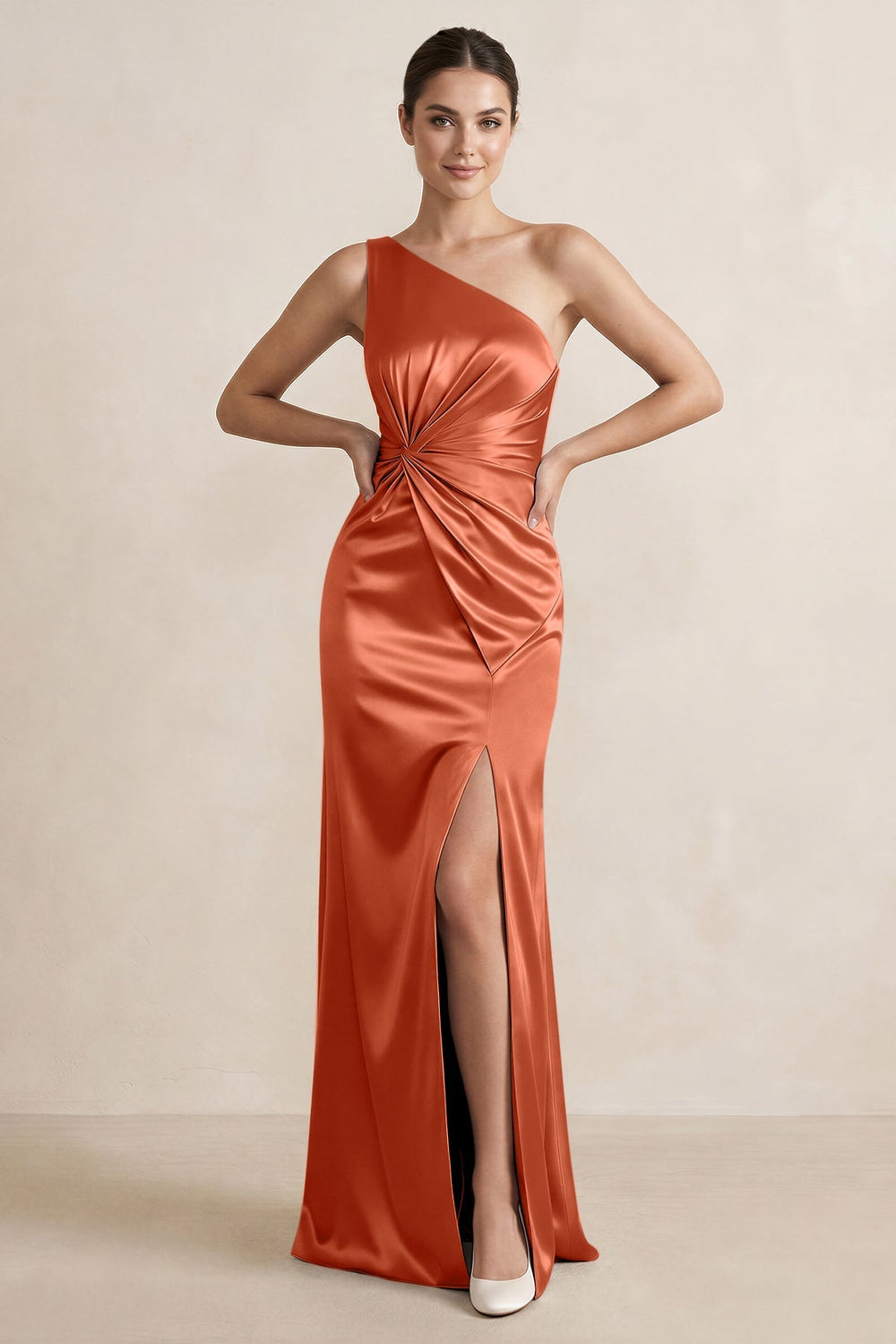 One - Shoulder Ruched Sheath Satin Bridesmaid Dress in Terracotta - KISS BRIDAL Bridesmaid Dresses