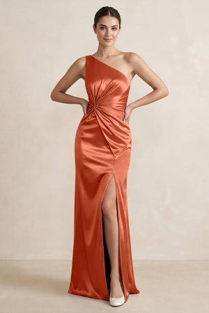One - Shoulder Ruched Sheath Satin Bridesmaid Dress in Terracotta - SHE IS ME Bridesmaid Dresses