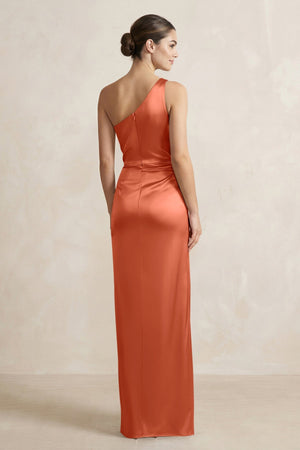 One - Shoulder Ruched Sheath Satin Bridesmaid Dress in Terracotta - SHE IS ME Bridesmaid Dresses