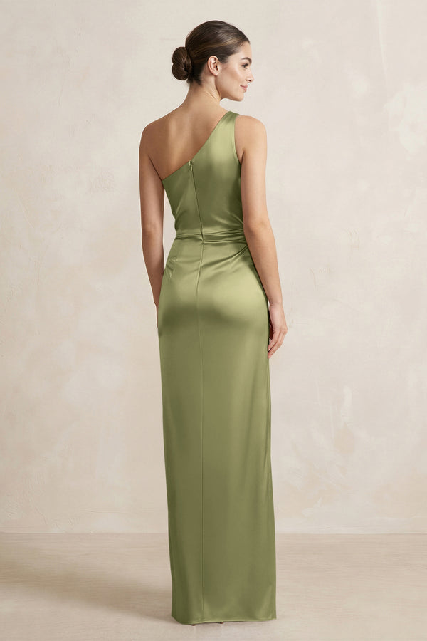 One - Shoulder Ruched Sheath Satin Bridesmaid Dress in Thyme - SHE IS ME Bridesmaid Dresses