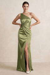 One - Shoulder Ruched Sheath Satin Bridesmaid Dress in Thyme - KISS BRIDAL Bridesmaid Dresses
