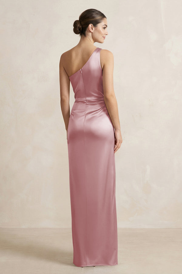 One - Shoulder Ruched Sheath Satin Bridesmaid Dress in Toffee - SHE IS ME Bridesmaid Dresses