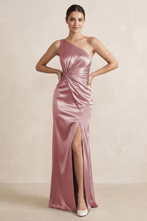 One - Shoulder Ruched Sheath Satin Bridesmaid Dress in Toffee - SHE IS ME Bridesmaid Dresses