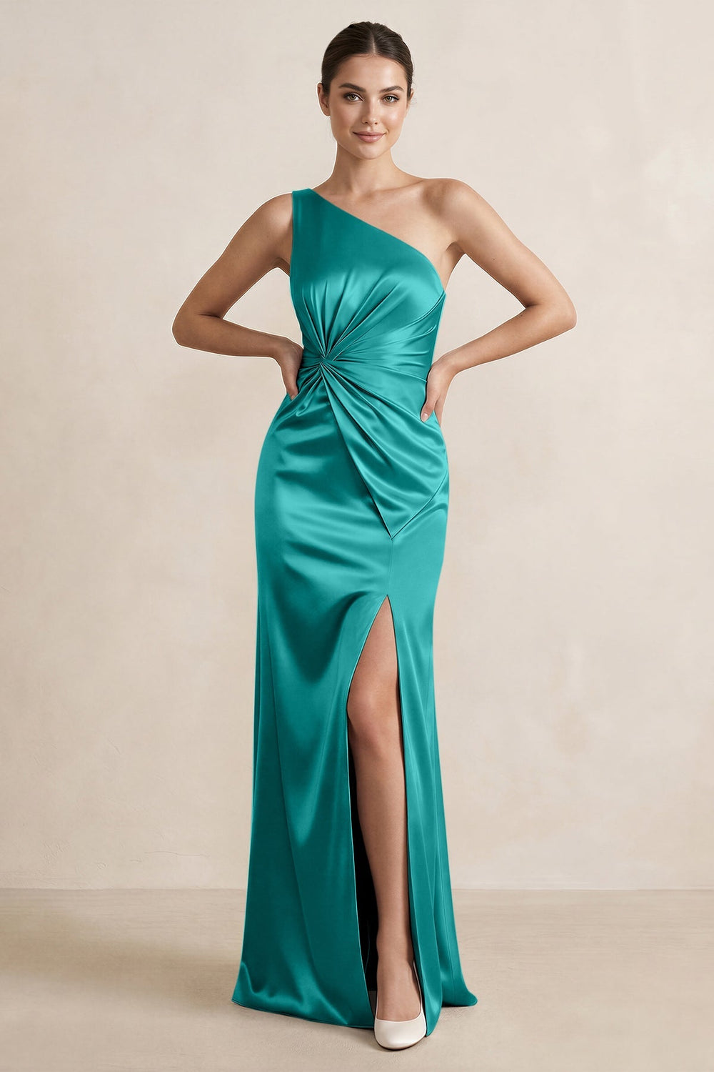 One - Shoulder Ruched Sheath Satin Bridesmaid Dress in Turquoise - KISS BRIDAL Bridesmaid Dresses