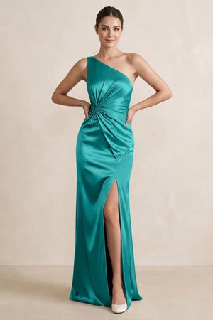 One - Shoulder Ruched Sheath Satin Bridesmaid Dress in Turquoise - SHE IS ME Bridesmaid Dresses