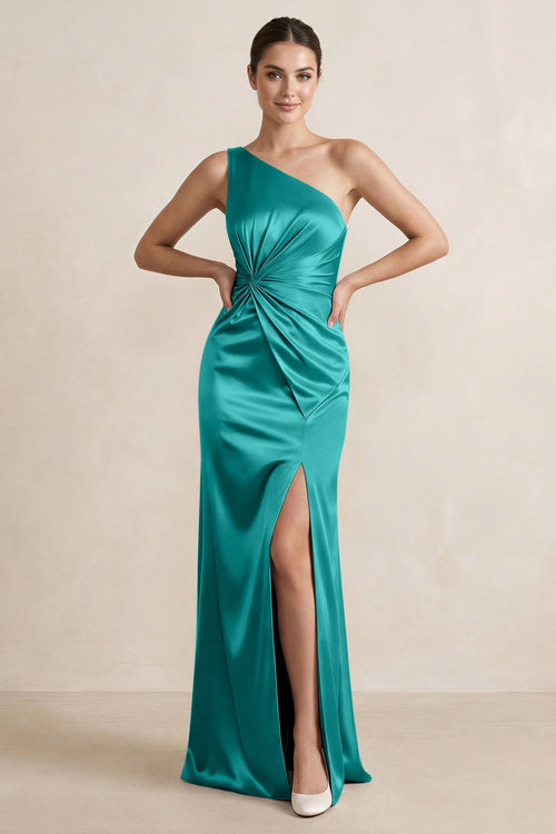 One - Shoulder Ruched Sheath Satin Bridesmaid Dress in Turquoise - SHE IS ME Bridesmaid Dresses