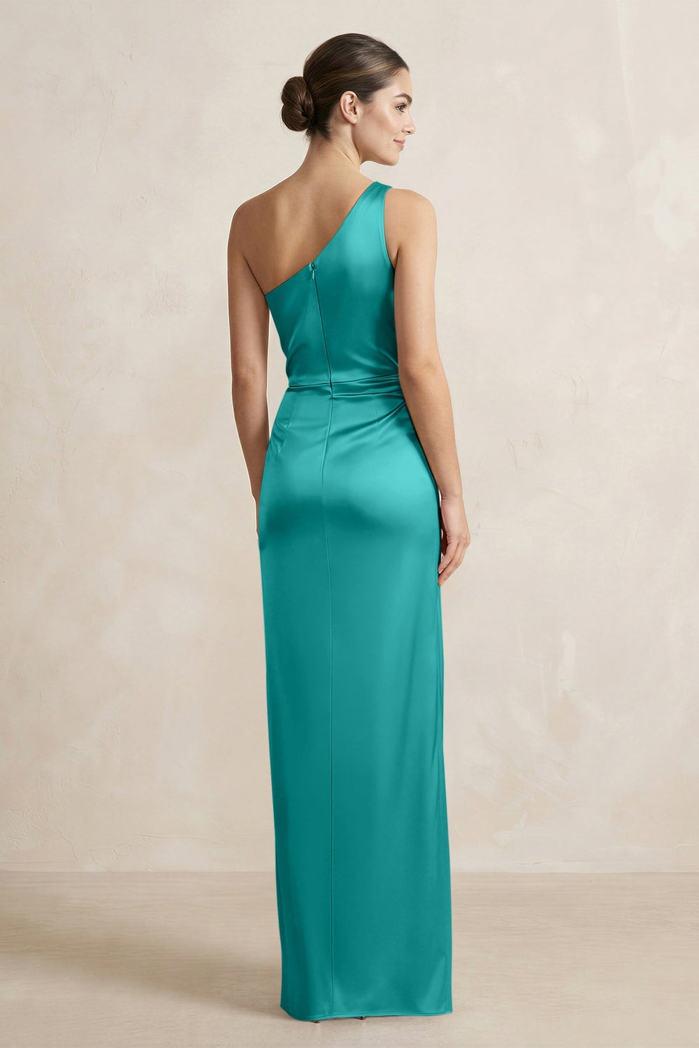 One - Shoulder Ruched Sheath Satin Bridesmaid Dress in Turquoise - KISS BRIDAL Bridesmaid Dresses