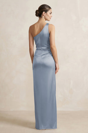 One - Shoulder Ruched Sheath Satin Bridesmaid Dress in Twilight - SHE IS ME Bridesmaid Dresses