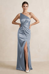 One - Shoulder Ruched Sheath Satin Bridesmaid Dress in Twilight - KISS BRIDAL Bridesmaid Dresses