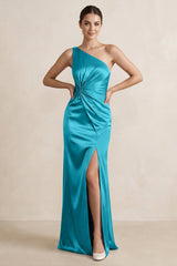 One - Shoulder Ruched Sheath Satin Bridesmaid Dress in Viridian Green - KISS BRIDAL Bridesmaid Dresses