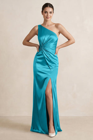 One - Shoulder Ruched Sheath Satin Bridesmaid Dress in Viridian Green - KISS BRIDAL Bridesmaid Dresses