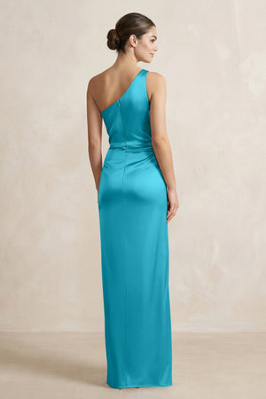 One - Shoulder Ruched Sheath Satin Bridesmaid Dress in Viridian Green - KISS BRIDAL Bridesmaid Dresses
