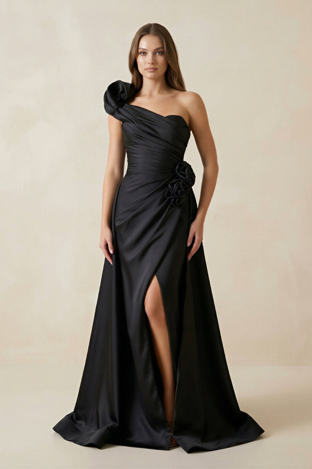 One - Shoulder Satin A - Line Ruched Wedding Dress with Slit in Black - KISS BRIDAL Wedding Dresses