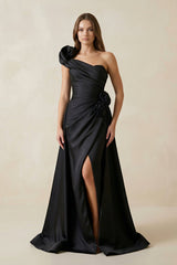 One - Shoulder Satin A - Line Ruched Wedding Dress with Slit in Black - KISS BRIDAL Wedding Dresses
