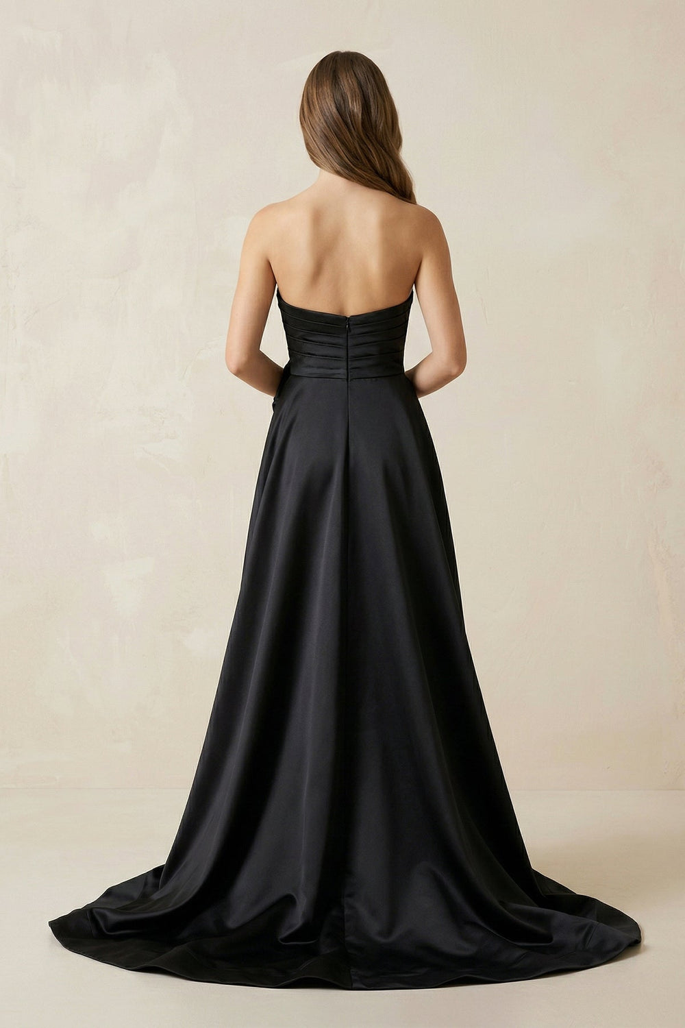 One - Shoulder Satin A - Line Ruched Wedding Dress with Slit in Black - KISS BRIDAL Wedding Dresses