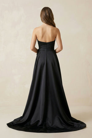 One - Shoulder Satin A - Line Ruched Wedding Dress with Slit in Black - SHE IS ME Wedding Dresses