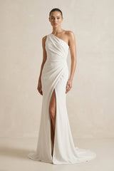 One - Shoulder Satin Mermaid Ruched Wedding Dress With Slit in Ivory - KISS BRIDAL Wedding Dresses