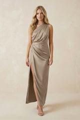 One - Shoulder Satin Ruched Sheath Bridesmaid Dress in Almond - KISS BRIDAL Bridesmaid Dresses