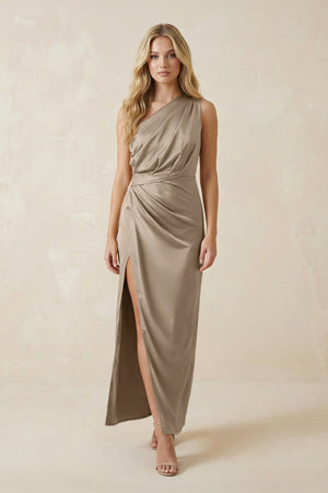 One - Shoulder Satin Ruched Sheath Bridesmaid Dress in Almond - KISS BRIDAL Bridesmaid Dresses