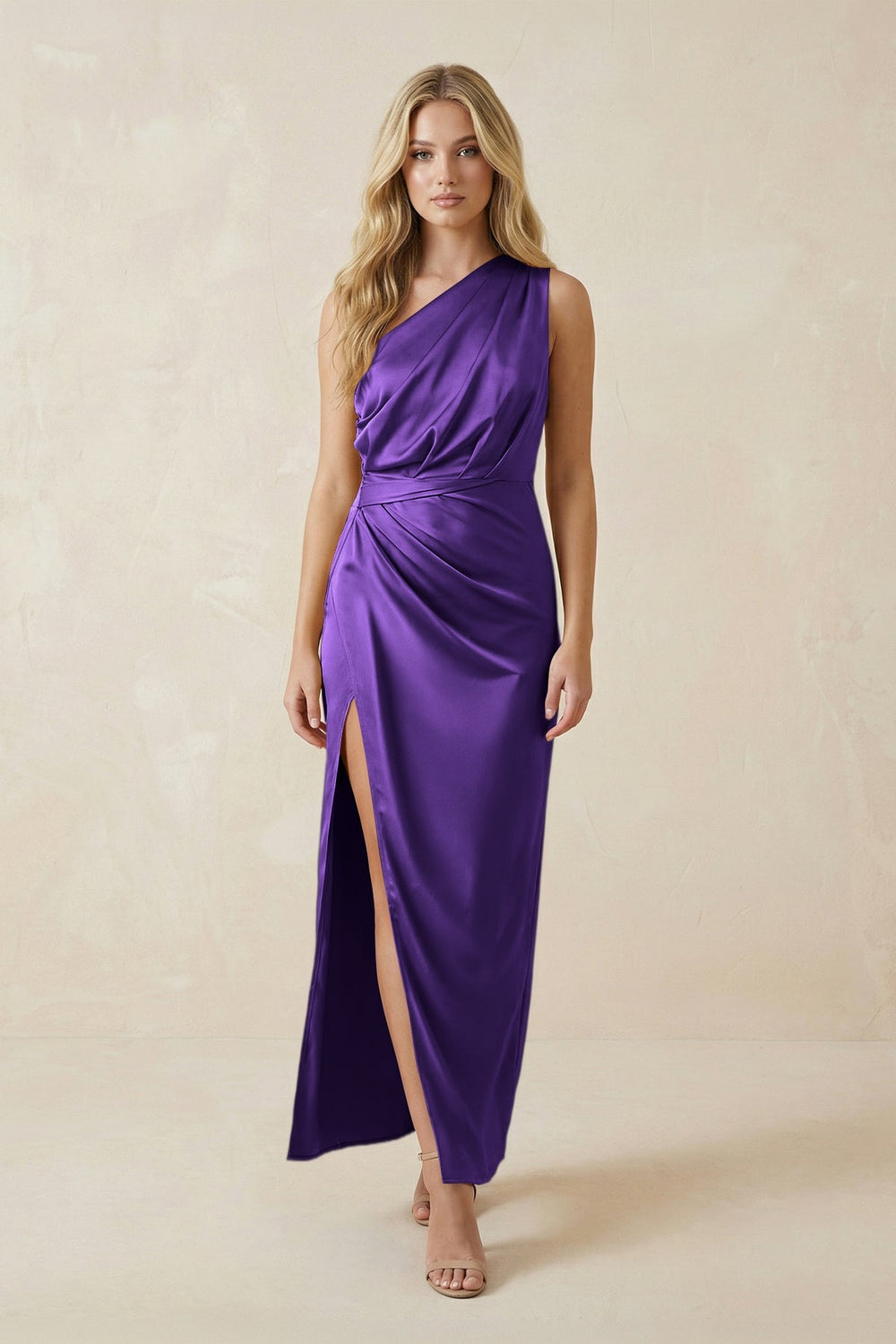 One - Shoulder Satin Ruched Sheath Bridesmaid Dress in Amethyst - KISS BRIDAL Bridesmaid Dresses