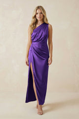 One - Shoulder Satin Ruched Sheath Bridesmaid Dress in Amethyst - KISS BRIDAL Bridesmaid Dresses