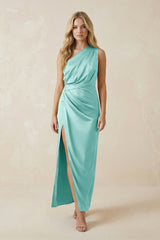 One - Shoulder Satin Ruched Sheath Bridesmaid Dress in Aqua - KISS BRIDAL Bridesmaid Dresses