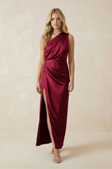 One - Shoulder Satin Ruched Sheath Bridesmaid Dress in Berry - KISS BRIDAL Bridesmaid Dresses