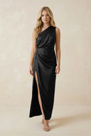 One - Shoulder Satin Ruched Sheath Bridesmaid Dress in Black - KISS BRIDAL Bridesmaid Dresses