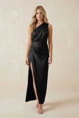 One - Shoulder Satin Ruched Sheath Bridesmaid Dress in Black - KISS BRIDAL Bridesmaid Dresses