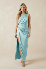 One - Shoulder Satin Ruched Sheath Bridesmaid Dress in Bleached Aqua - KISS BRIDAL Bridesmaid Dresses