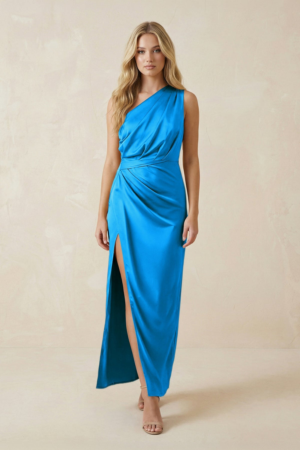 One - Shoulder Satin Ruched Sheath Bridesmaid Dress in Blue Jay - KISS BRIDAL Bridesmaid Dresses
