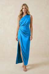 One - Shoulder Satin Ruched Sheath Bridesmaid Dress in Blue Jay - KISS BRIDAL Bridesmaid Dresses