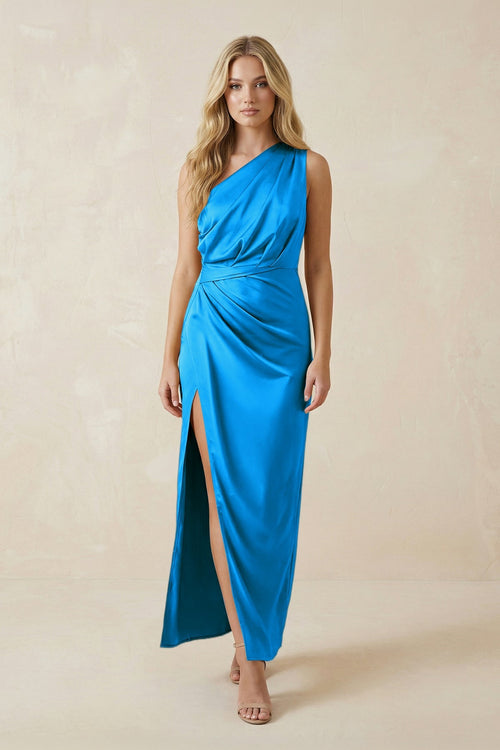 One - Shoulder Satin Ruched Sheath Bridesmaid Dress in Blue Jay - KISS BRIDAL Bridesmaid Dresses