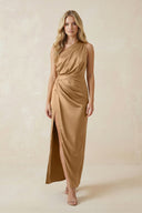 One - Shoulder Satin Ruched Sheath Bridesmaid Dress in Bronzer - KISS BRIDAL Bridesmaid Dresses