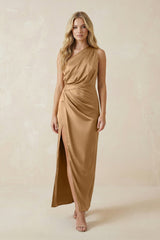 One - Shoulder Satin Ruched Sheath Bridesmaid Dress in Bronzer - KISS BRIDAL Bridesmaid Dresses