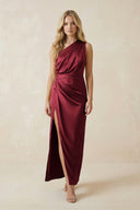 One - Shoulder Satin Ruched Sheath Bridesmaid Dress in Burgundy - KISS BRIDAL Bridesmaid Dresses