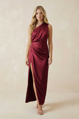 One - Shoulder Satin Ruched Sheath Bridesmaid Dress in Burgundy - KISS BRIDAL Bridesmaid Dresses