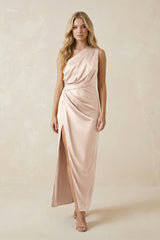 One - Shoulder Satin Ruched Sheath Bridesmaid Dress in Buttercream - KISS BRIDAL Bridesmaid Dresses