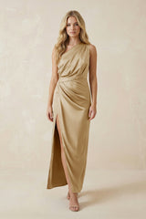 One - Shoulder Satin Ruched Sheath Bridesmaid Dress in Champagne - KISS BRIDAL Bridesmaid Dresses