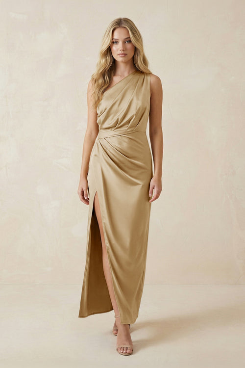 One - Shoulder Satin Ruched Sheath Bridesmaid Dress in Champagne - KISS BRIDAL Bridesmaid Dresses