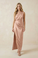 One - Shoulder Satin Ruched Sheath Bridesmaid Dress in Champagne Rose - KISS BRIDAL Bridesmaid Dresses