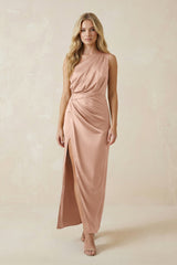 One - Shoulder Satin Ruched Sheath Bridesmaid Dress in Champagne Rose - KISS BRIDAL Bridesmaid Dresses